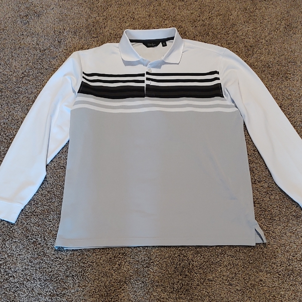 Walter Hagen Long Sleeve Polo - White, Light Gray & Black Stripes